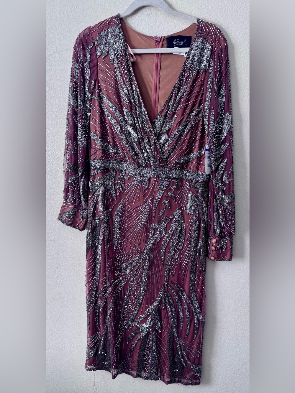 Mac Duggal Mauve Silver Beaded Long Sleeve Cocktail Dress Size 12 Flaws - Picture 4 of 10